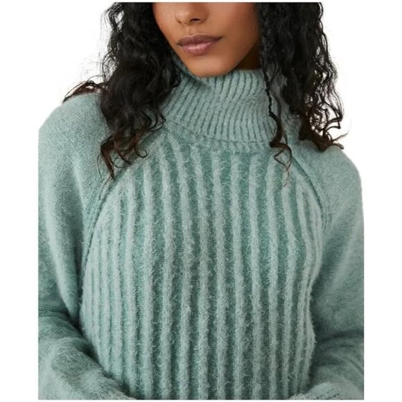 Free People Big City Turtleneck Oversized Ribbed Pullover Sweater Blue Women XS - Picture 2 of 12